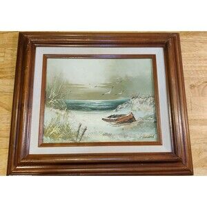 Framed Oil on Canvas Seascape Seagulls Boat Sand Dune Painting Signed Holland